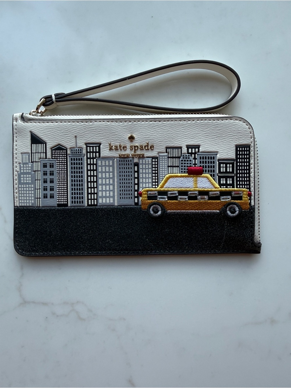 kate spade White & Yellow Wristlet with City Taxi Applique